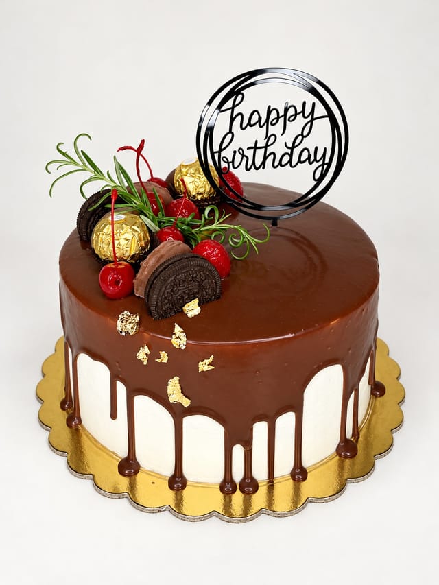 Okrągły tort z jasnymi bokami, brązowymi zaciekami, ciemnymi ciastkami, czerwonymi owocami i topperem „happy birthday”.