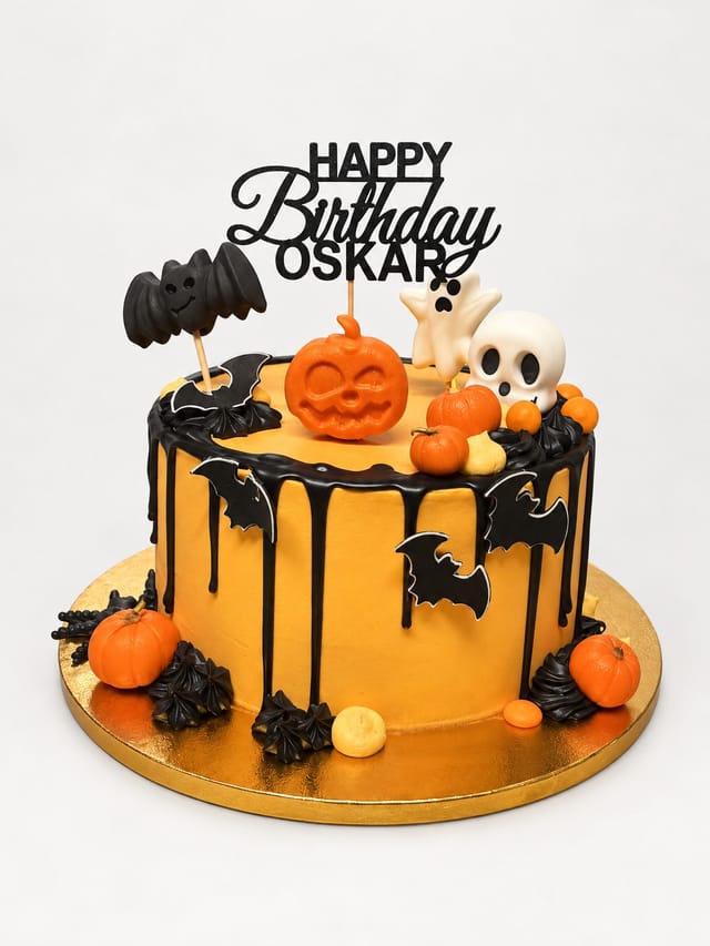 Pomarańczowy tort urodzinowy z czarnymi zaciekami, dyniami, nietoperzami, duszkiem, czaszką i topperem HAPPY Birthday OSKAR na złotym podkładzie.