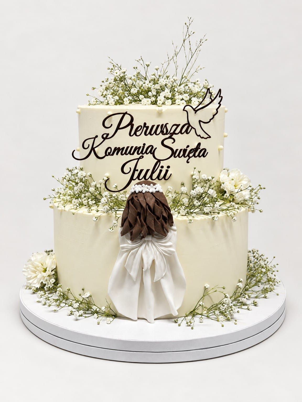 Dwupiętrowy tort z napisem „Pierwsza Komunia Święta Julii”, białymi kwiatami, gipsówką, gołębiem i dziewczynką w białej sukience widzianą od tyłu.