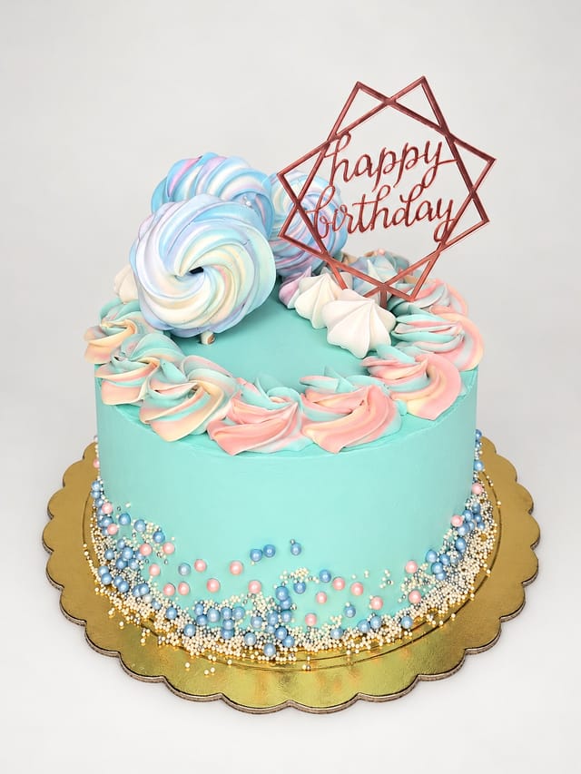 Miętowy tort z pastelowymi rozetami, spiralnymi ozdobami, kuleczkami przy podstawie i geometrycznym topperem „happy birthday”.