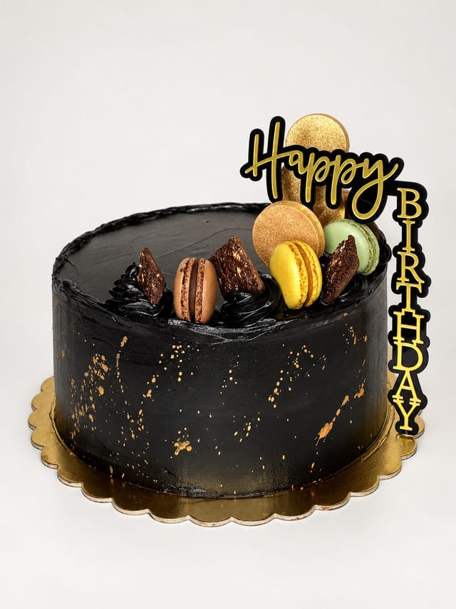 Okrągły czarny tort ze złotymi plamkami, czarnymi rozetami, kolorowymi ozdobami i złoto-czarnym napisem Happy BIRTHDAY.
