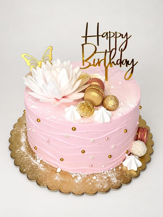 Jasnoróżowy tort z białym kwiatem, złotym motylem, napisem „Happy Birthday” i kulistymi ozdobami na bokach.