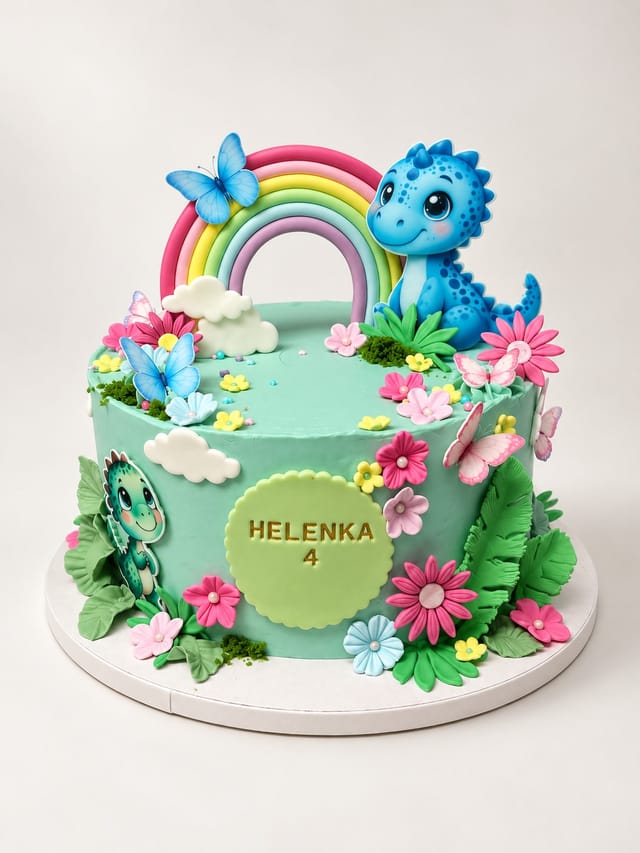 Miętowy tort z niebieskim dinozaurem, pastelową tęczą, motylami, kwiatami i tabliczką „HELENKA 4” na jasnym tle.